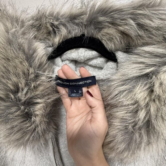 French Connection Jacket Womens Large Gray Zip Hooded Faux Fur Trim Poncho Cape - Picture 6 of 9